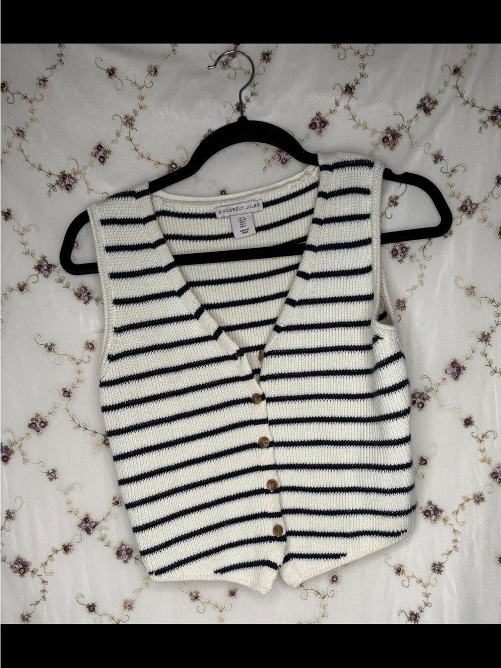 Sincerely Jules White & Navy Striped Knit Button Vest